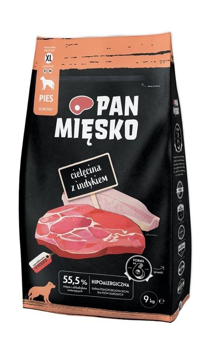 Pan Mięsko, cielęcina z indykiem, dorosły, chrupki xl, karma sucha dla psa, 9 kg