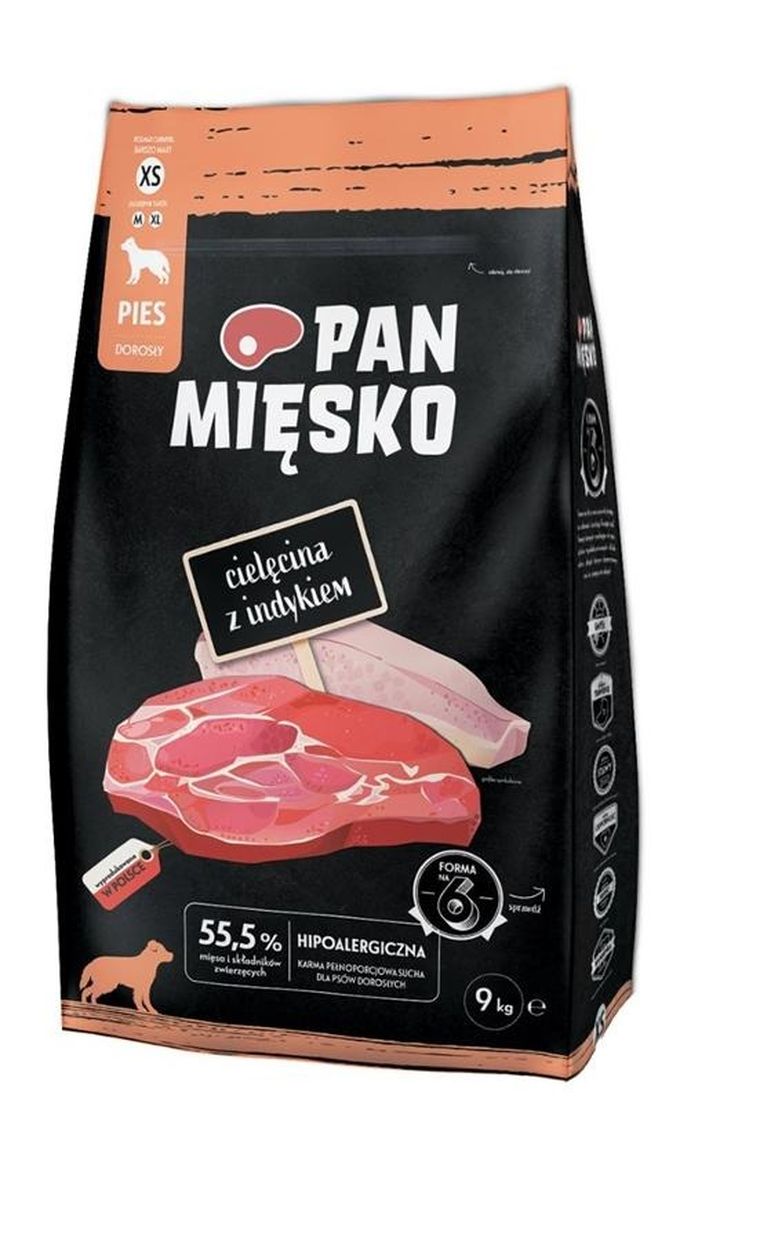 Pan Mięsko, cielęcina z indykiem, dorosły, chrupki xs, karma sucha dla psa, 9 kg