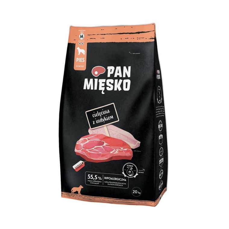 Pan Mięsko, Cielęcina z indykiem, sucha karma dla psa chrupki, M, 20kg
