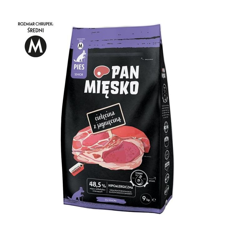 Pan Mięsko, cielęcina z jagnięciną, senior, chrupki M, karma sucha dla psa, 9 kg