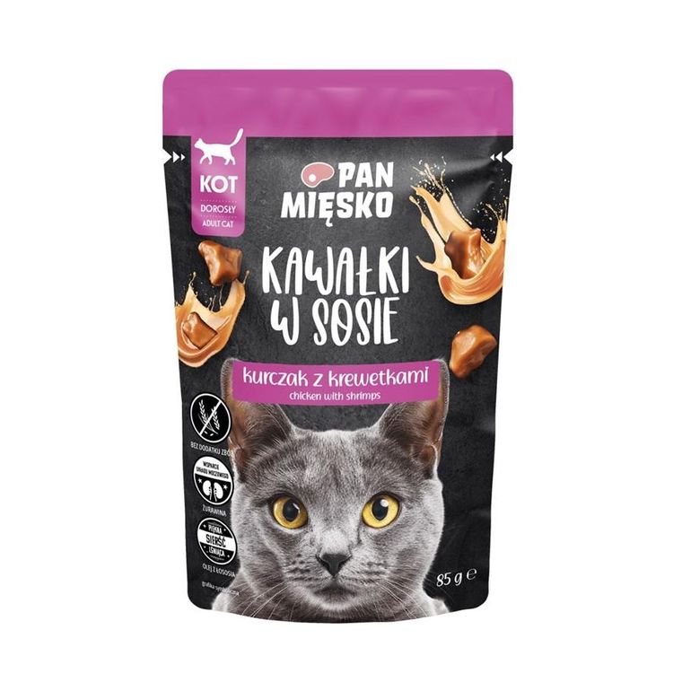 Pan Mięsko, mokra karma dla kota, kurczak z krewetkami, dorosły, kawałki w sosie, 85 g