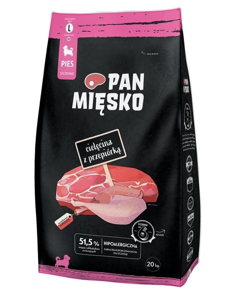 Pan Mięsko, sucha karma dla psa, cielęcina z przepiórką, szczeniak, L, 20 kg