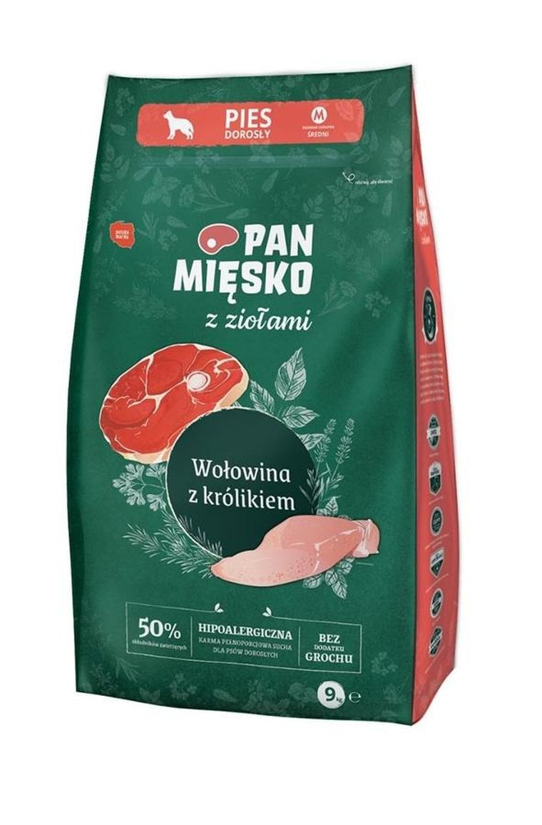 Pan Mięsko, wołowina z królikiem, dorosły, chrupki M, karma sucha dla psa, 9 kg