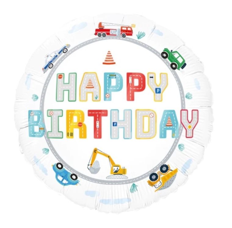 Party Tino, balon, Happy Birthday, pojazdy, 45 cm