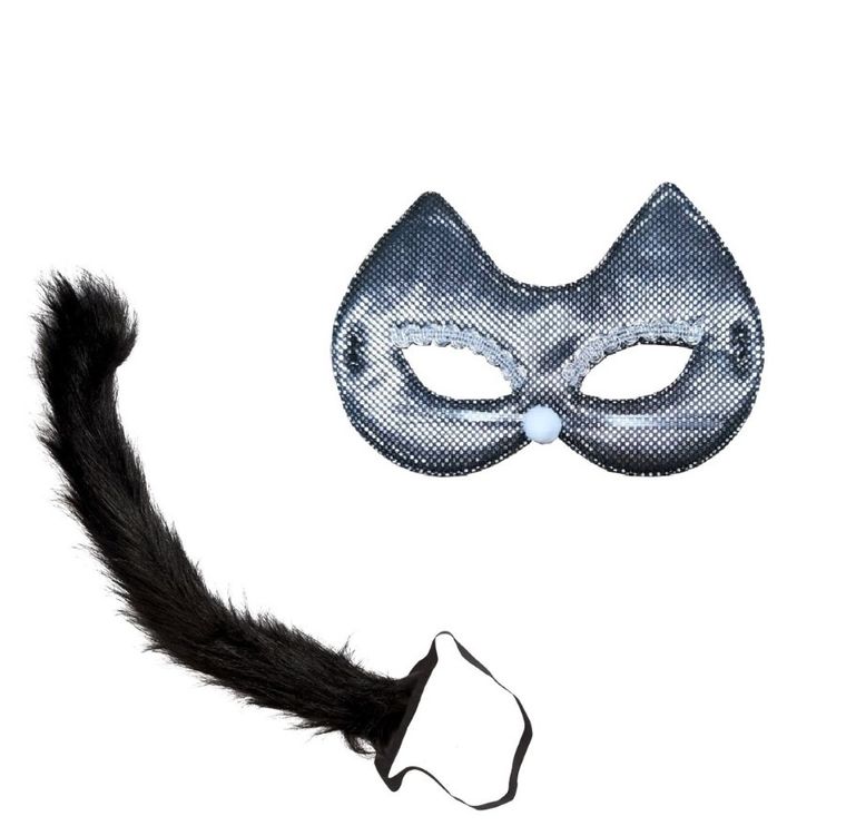 Party Tino, Kotek, maska i ogon, czarno-srebrny