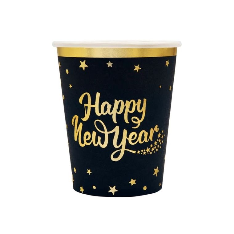 Party Tino, kubeczki, Happy New Year, czarne, 220 ml, 6 szt.