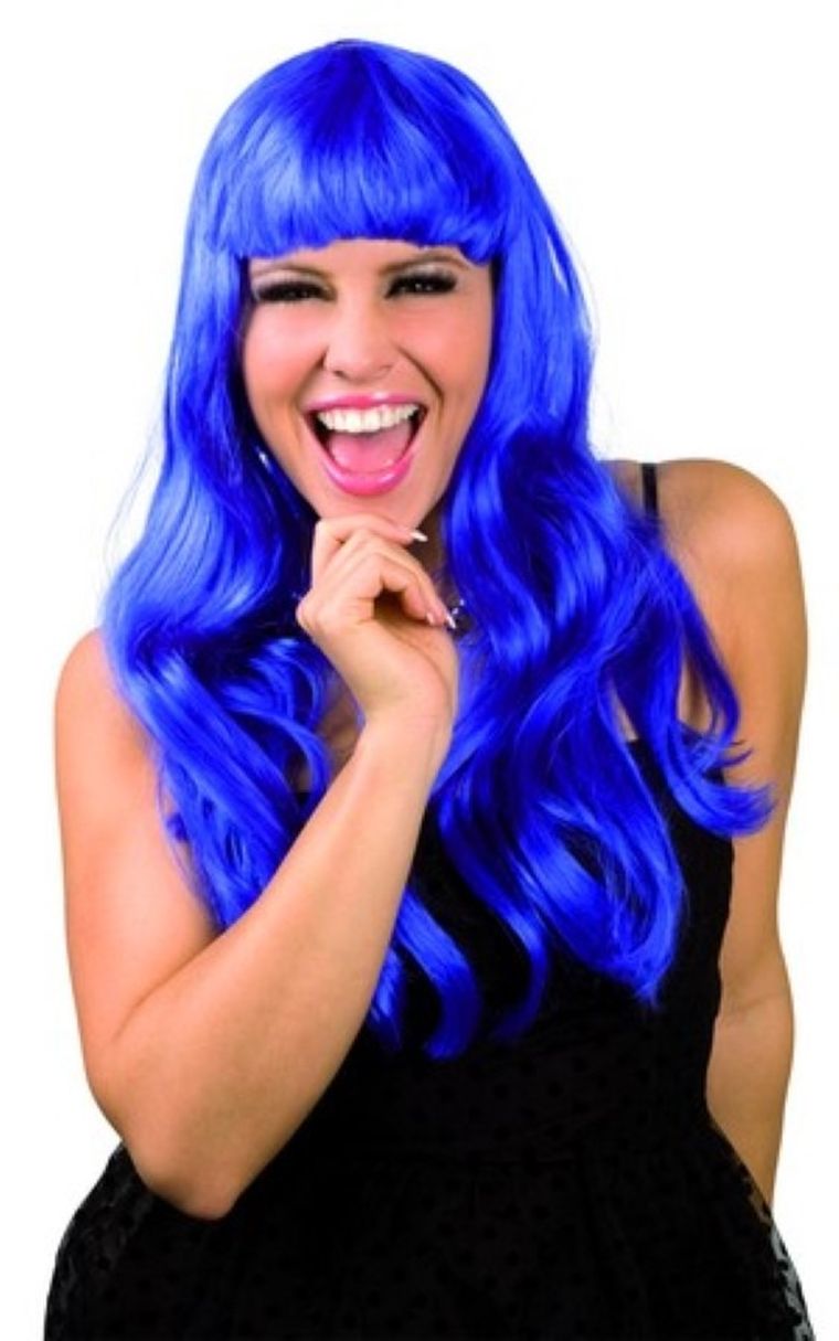 Party Tino, peruka długa, niebieska, z grzywką