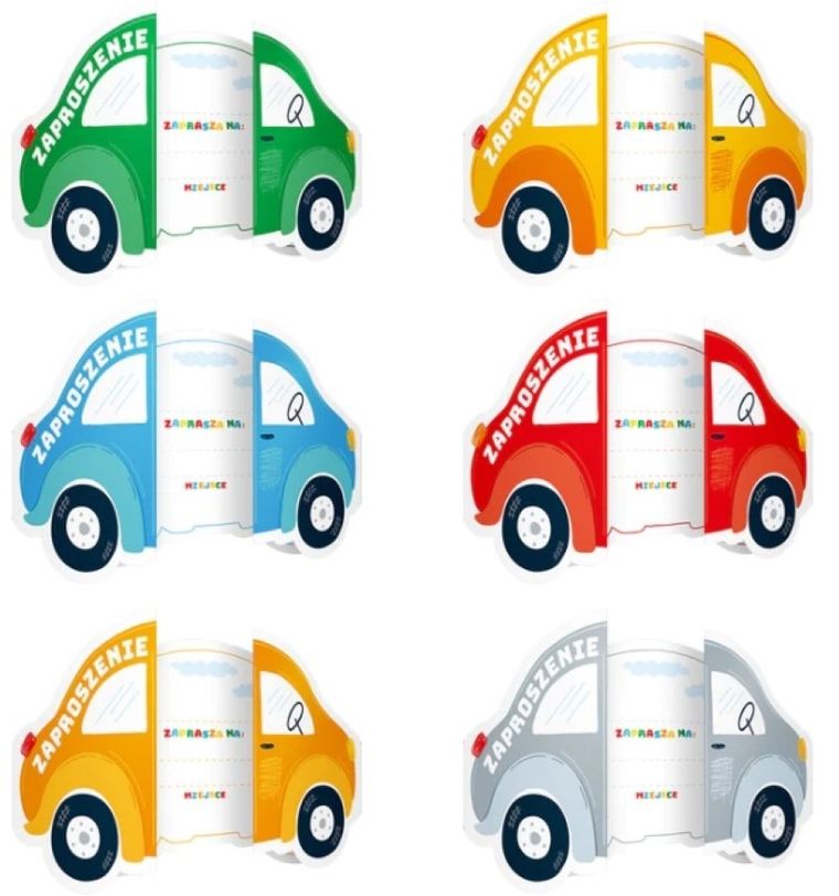 Party Tino, zaproszenia urodzinowe, pojazdy, 6 szt.