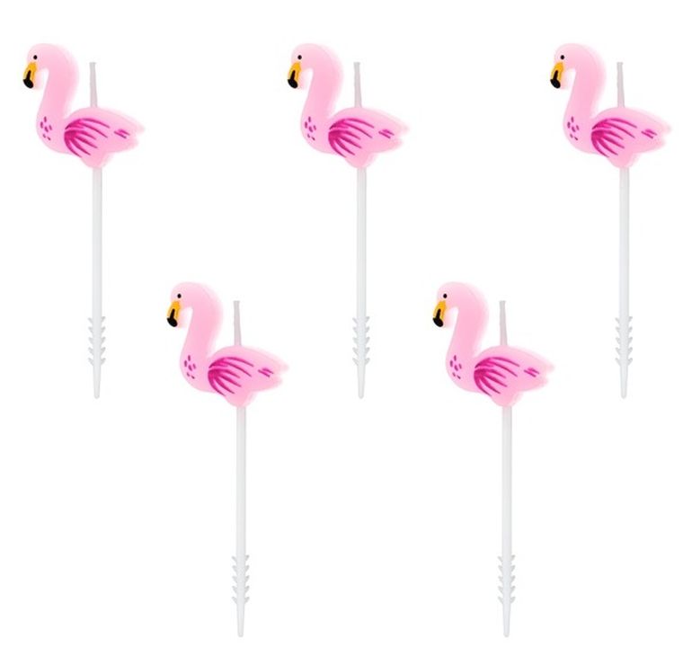 PartyDeco, Aloha Party, świeczki urodzinowe na tort, flamingi, różowe, 3 cm, 5 szt.