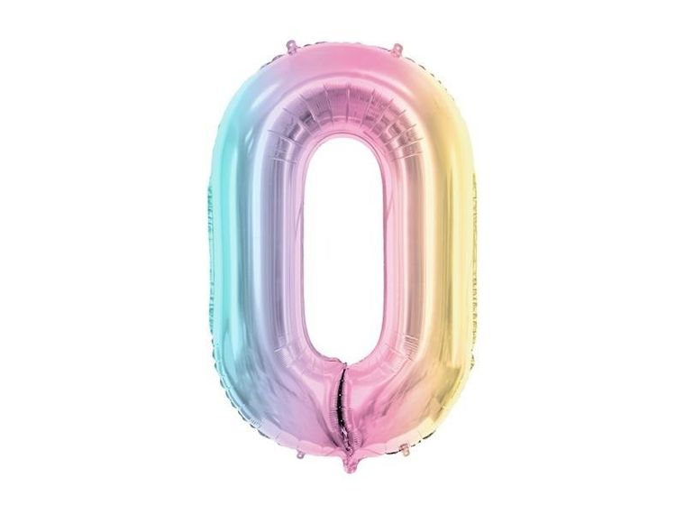 PartyDeco, balon foliowy, cyfra 0, pastelowy tęczowy, 86 cm