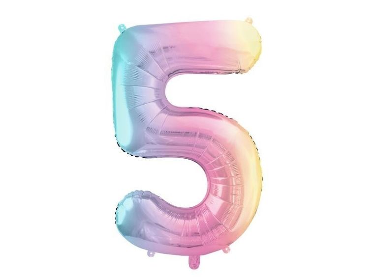 PartyDeco, balon foliowy, cyfra 5, pastelowy tęczowy, 86 cm