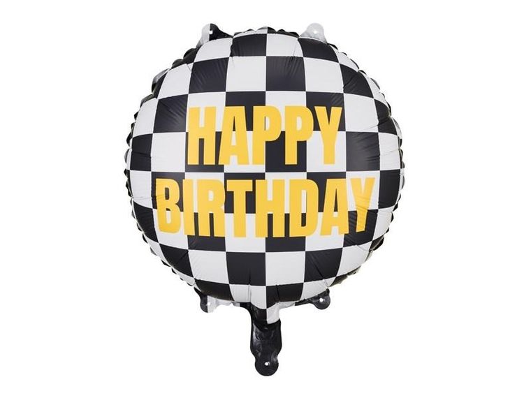 PartyDeco, balon foliowy, szachownica, Happy Birthday, 45 cm