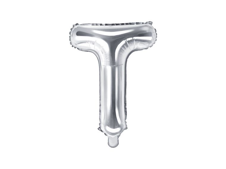 PartyDeco, balon foliowy, w kształcie litery T, srebrny, 35 cm