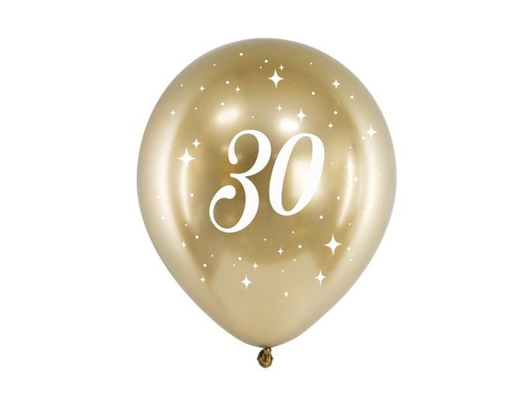 PartyDeco, balony Glossy, 30 cm, 30, złoty, 6 szt.