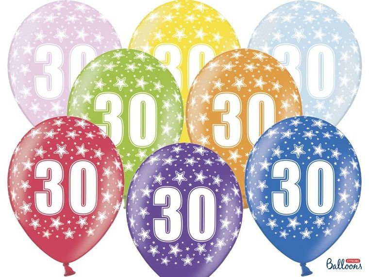 PartyDeco, balony lateksowe, 30th Birthday, metaliczne mix, 30 cm, 50 szt.