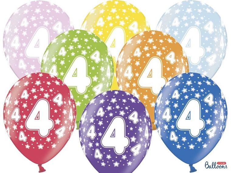 PartyDeco, balony lateksowe, 4th Birthday, metaliczne mix, 30 cm, 6 szt.