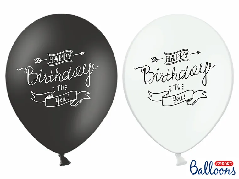 PartyDeco, balony lateksowe, Happy Birthday, mix białe, czarne, 30 cm, 50 szt.