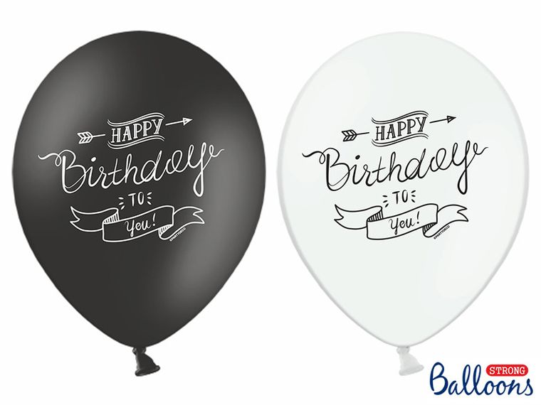 PartyDeco, balony lateksowe, Happy Birthday, mix białe, czarne, 30 cm, 6 szt.