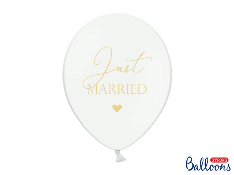 PartyDeco, balony lateksowe, Just Married, białe, 30 cm, 6 szt.