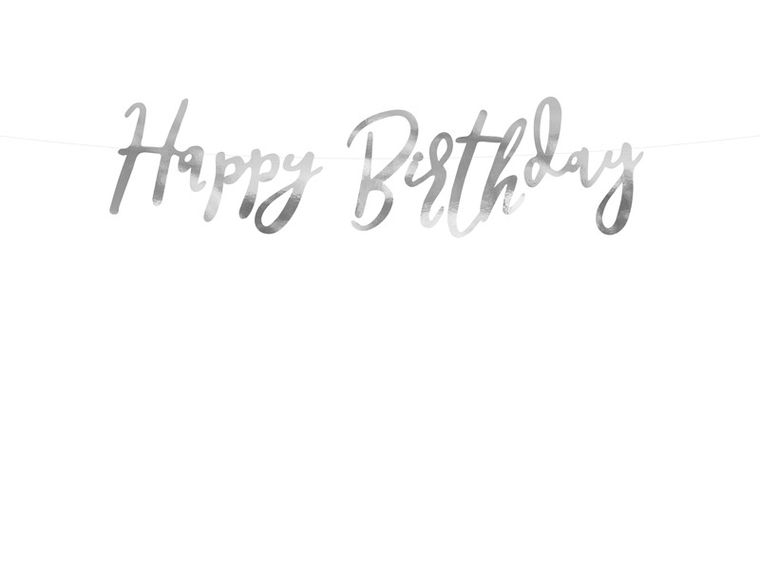 PartyDeco, baner Happy Birthday, srebrny, 16,5-62 cm