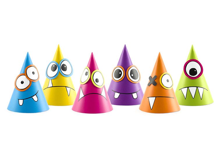 PartyDeco, czapeczki Potworki, mix, 10 cm, 6 szt.