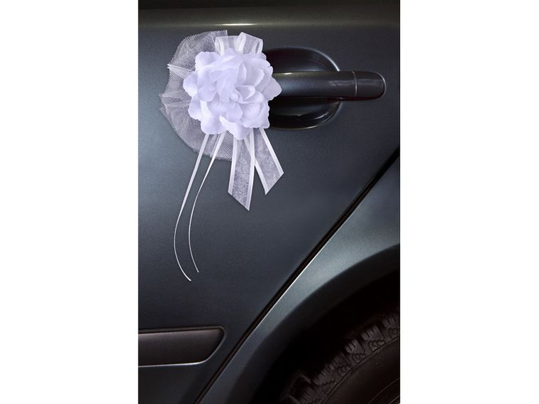PartyDeco, dekoracje weselne na samochód, bukieciki z różyczką, biały, 14 cm, 4 szt.