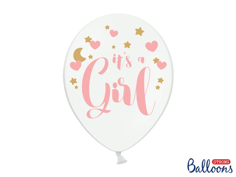 PartyDeco, Gender Reveal Party, balony lateksowe, It's a Girl, białe, 30 cm, 50 szt.