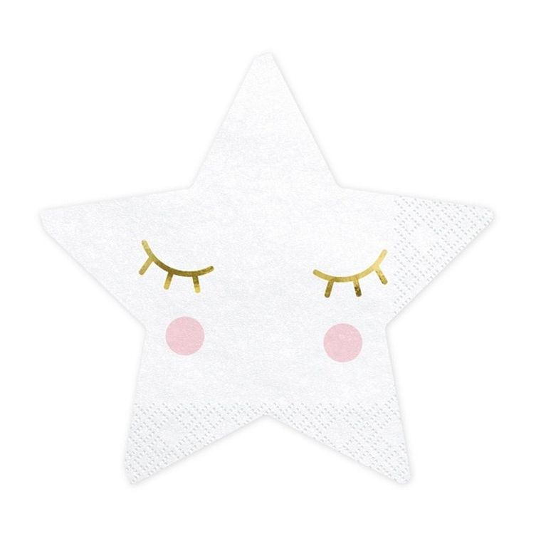 PartyDeco, Little Star-Gwiazdka Party, serwetki papierowe na urodziny w kształcie gwiazdki, białe, 20 szt.