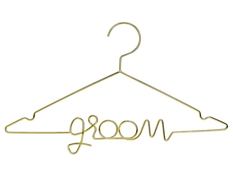 PartyDeco, metalowy wieszak na garnitur ślubny dla pana młodego Groom, złoty, 45-27 cm