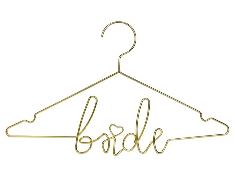 PartyDeco, metalowy wieszak na suknię ślubną dla panny młodej Bride, złoty, 45-27 cm