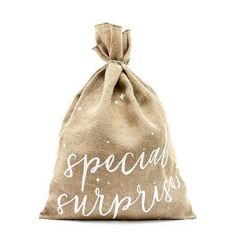PartyDeco, Naturalne Święta, worek jutowy na prezenty Special Surprise, biały napis, 40-55 cm