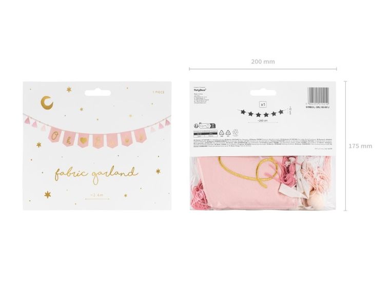PartyDeco, Oh baby, baner z frędzlami, jasny różowy, 2,5 m