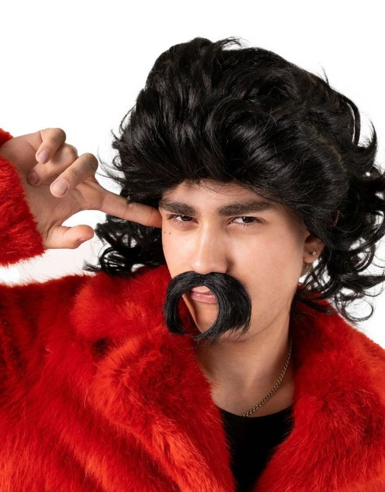 PartyDeco, peruka i wąsy, długa, czarna