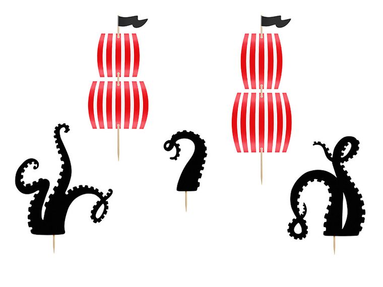 PartyDeco, Pirackie Party, toppery, dekoracje do muffinek, piraci, mix, 13,5-21 cm, 5 szt.