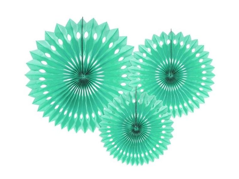 PartyDeco, rozety dekoracyjne, miętowe, 20-30 cm, 3 szt.