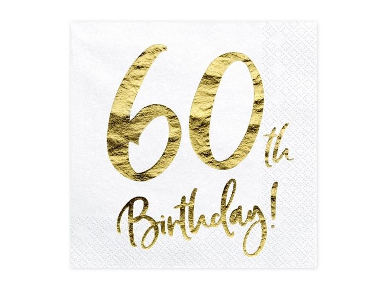 PartyDeco, serwetki papierowe, 60th Birthday, biały, 33-33 cm, 20 szt.