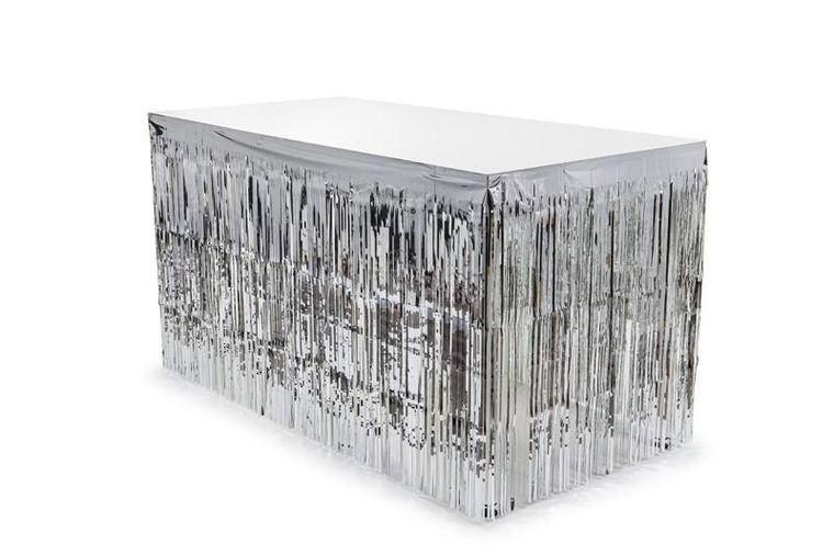 PartyDeco, skirting foliowy z frędzlami, srebrny, 300-80 cm