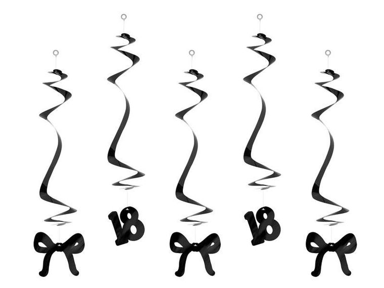 PartyDeco, świderki z kokardkami, 18 urodziny, czarne, 50 cm, 5 szt.