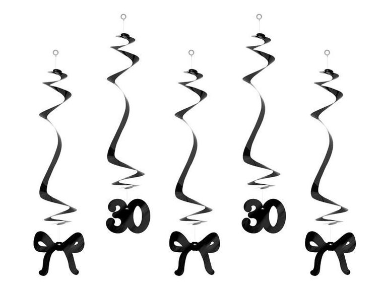 PartyDeco, świderki z kokardkami, 30 urodziny, czarne, 50 cm, 5 szt.