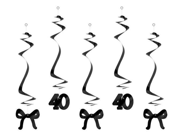 PartyDeco, świderki z kokardkami, 40 urodziny, czarne, 50 cm, 5 szt.