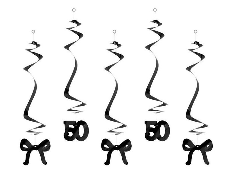PartyDeco, świderki z kokardkami, 50 urodziny, czarne, 50 cm, 5 szt.