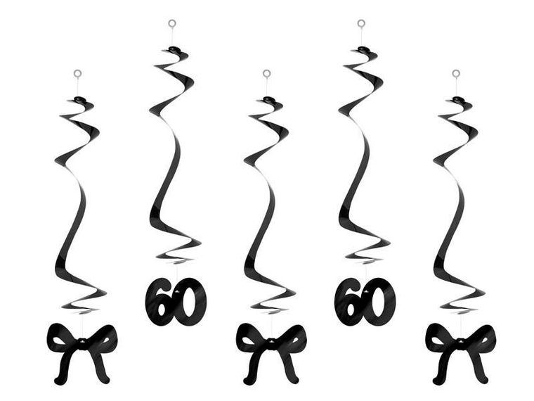 PartyDeco, świderki z kokardkami, 60 urodziny, czarne, 50 cm, 5 szt.