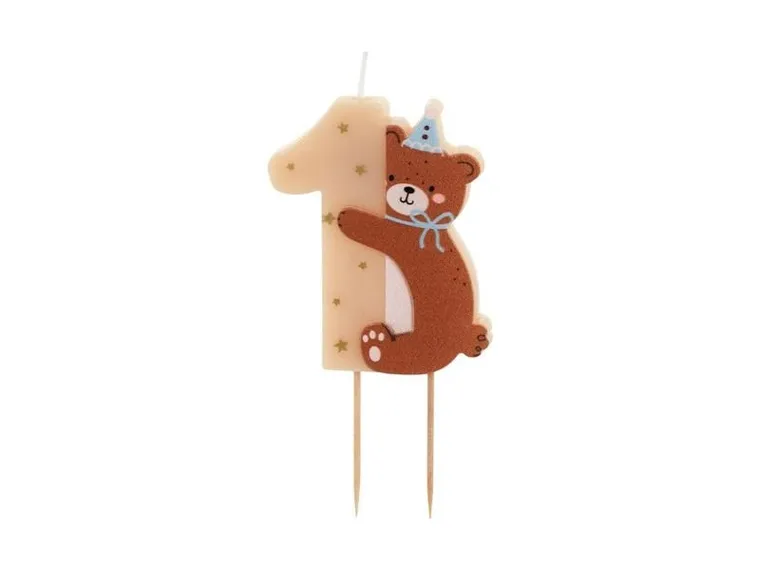PartyDeco, świeczka urodzinowa, cyfra 1, Miś, 7 cm