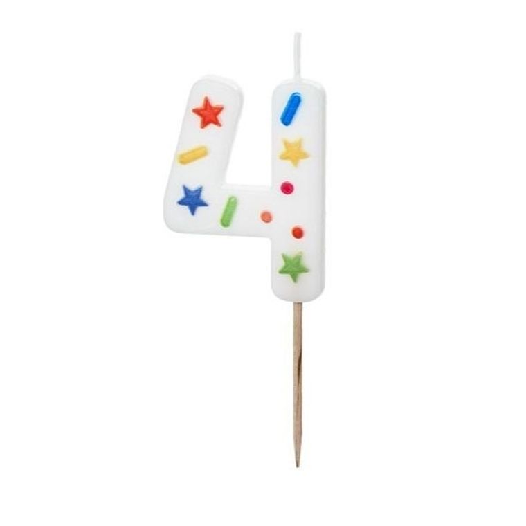 PartyDeco, świeczka urodzinowa, cyfra 4, biała konfetti, 5.5 cm