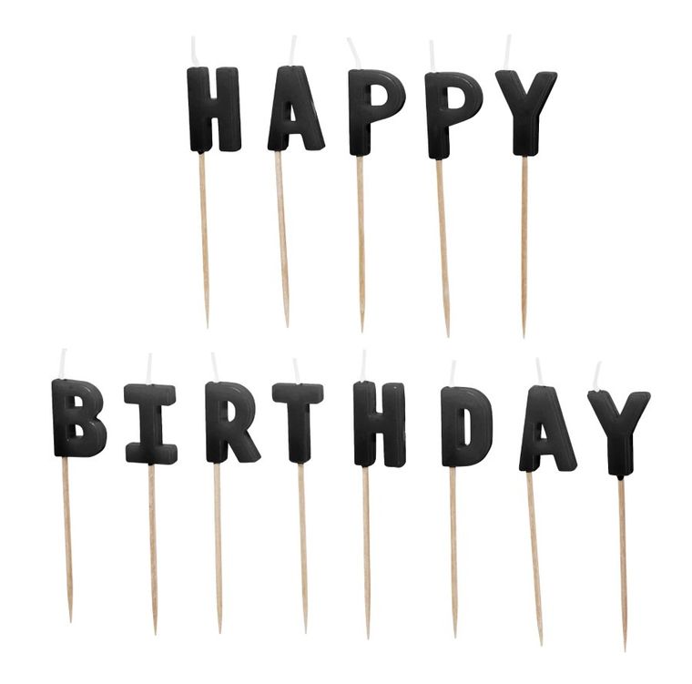 PartyDeco, świeczki urodzinowe, Happy Birthday, czarne, 2.5 cm, 13 szt.