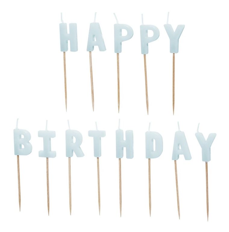 PartyDeco, świeczki urodzinowe, Happy Birthday, jasny błękit, 2,5 cm, 13 szt.