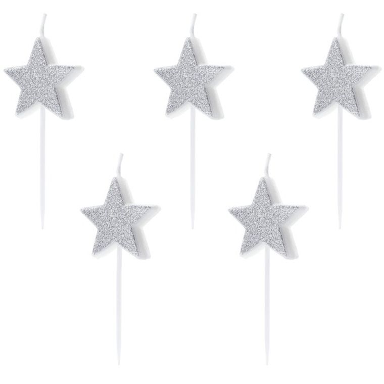 PartyDeco, świeczki urodzinowe na tort, gwiazdki, srebrne, 3,5 cm, 5 szt.