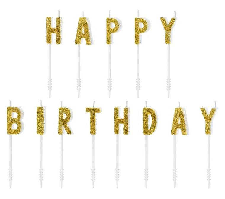 PartyDeco, świeczki urodzinowe na tort, Happy Birthday, złote, 2,5 cm, 13 szt.