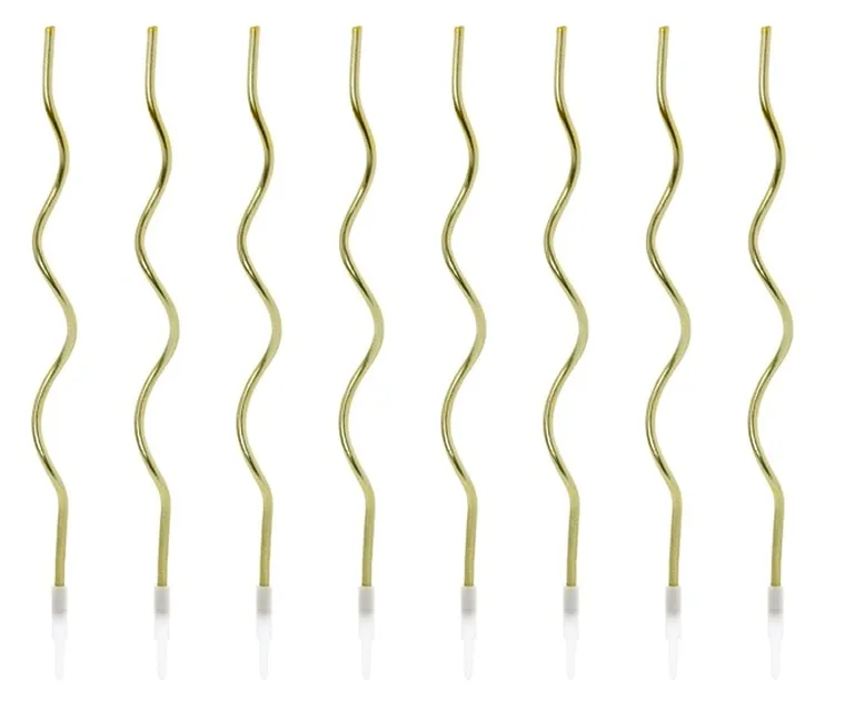 PartyDeco, świeczki urodzinowe na tort, zakręcone, złote, 14 cm, 8 szt.