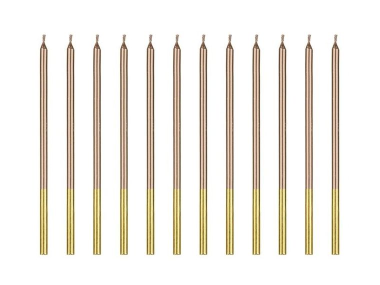 PartyDeco, świeczki urodzinowe, różowe złoto, 14 cm, 12 szt.